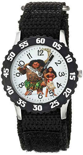 Disney Moana Kids' Bezel Stainless Steel Time Teacher Analog Nylon Strap Watch, Black