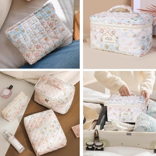 xiaochen 3PCS Makeup Bag Set,Cotton Quilted Makeup Bag,Floral Large Travel Cosmetic Bag,Flower Travel Toiletry Bag, Cute Aesthetic Toiletry Bag for Women Girls
