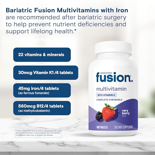 Bariatric Fusion Very Berry Complete Chewable Bariatric Multivitamin with Iron and Vitamin K for Bariatric Surgery Patients Including Gastric Bypass and Sleeve Gastrectomy - 120 Tablets