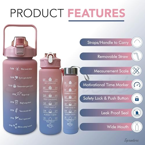 SPRINTERS - Large 2 Liters 64Oz BPA Free Multicolor Water Bottle - Leak Proof With Straw, Motivational Quote And Time Marker, Anti Slip For Sports,Fitness, Gym (Pink/Blue Pack Of 3)