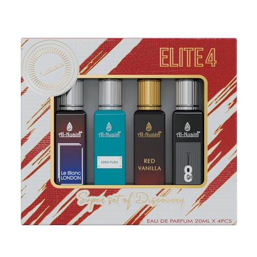 Al Nuaim Elite 4 EDP Gift Set For Men & Women (4 X 20ml) | Le Blanc London | Erba Pura | Red Vanilla | 8PM | Long Lasting Fragrance (Pack of 4)