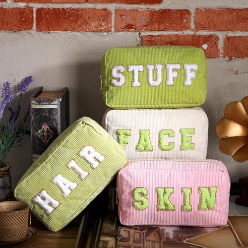 Pinkunn 4 Pcs Preppy Makeup Bags Christmas Chenille Letter Bag Face Skin Hair Stuff Cosmetic Bag Corduroy Makeup Pouch with Zipper Birthday Gifts for Women(Purple, Pink, White, Blue,Corduroy)