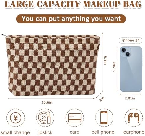 ZLFSRQ 3Pcs Checkered Makeup Bag for Women Large Cosmetic Bag Set Travel Toiletry Bag Makeup Pouch Bag for Purse Pink Zipper Storage Bag Organizer Cute Small Aesthetic Girls Car Essentials Bag
