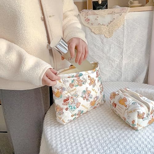 Sminra Floral Makeup Bag Large Cotton Quilted Cosmetic Makeup Bag Organizer, Aesthetic Portable Pouch Purse Toiletry Bag for Women Girls Travel accessories(Blue Floral-L)