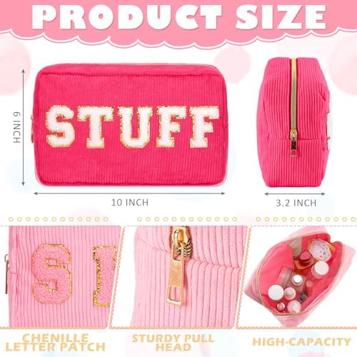 Pinkunn 4 Pcs Preppy Makeup Bags Christmas Chenille Letter Bag Face Skin Hair Stuff Cosmetic Bag Corduroy Makeup Pouch with Zipper Birthday Gifts for Women(Purple, Pink, White, Blue,Corduroy)