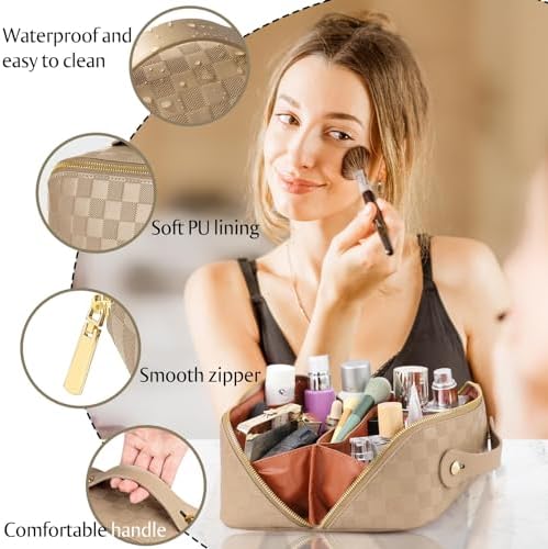 ALEXTINA Large Capacity Travel Cosmetic Bag - Portable Makeup Bags for Women Travel Toiletry Bag Waterproof Leather Checkered Makeup Organizer Bag, Roomy Cosmetic Bag for Women and Girls, Black,