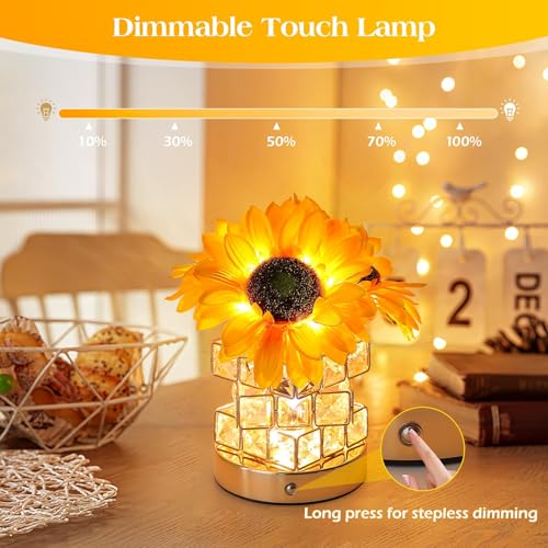 Sunflowers Flower Lamp Touch Lamp, 3-Colour LED Artificial Flowers Small Table Lamp Night Light with Crystal Clear Glass Vase, Rechargeable Cordless Table Lamp,Gift for Valentine Day,Mothers Day