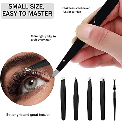 ELECDON 6 Pieces Eyebrow Tweezers Set with Curved Scissors, Eyelash Brush Stainless Steel Brow Remover Tools for Women and Girls, Hair Plucking Daily Beauty Tool with Storage Case (Classic Color)