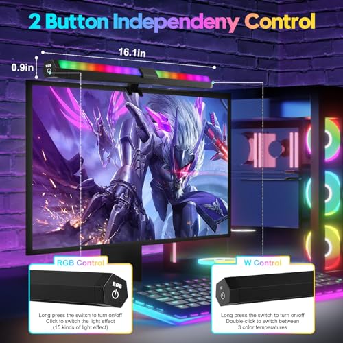NEXT VOGUE Glare-Free Computer Light with 3 Modes 15 Colors RGB Backlight LED Monitor Light Bar Dimmable Screen Monitor Light USB Powered Computer Monitor Lamp for Home Office