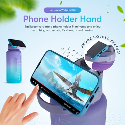 BPA 3 Pack Sport Healthy Water Bottle 2L+900ml+500ml Motivational Time Marker,Straw,Phone Holder, Plastic, Adults Kids Fitness Office Gym Home Outdoor School Exercise Protein shake Leak Proof (Blue)