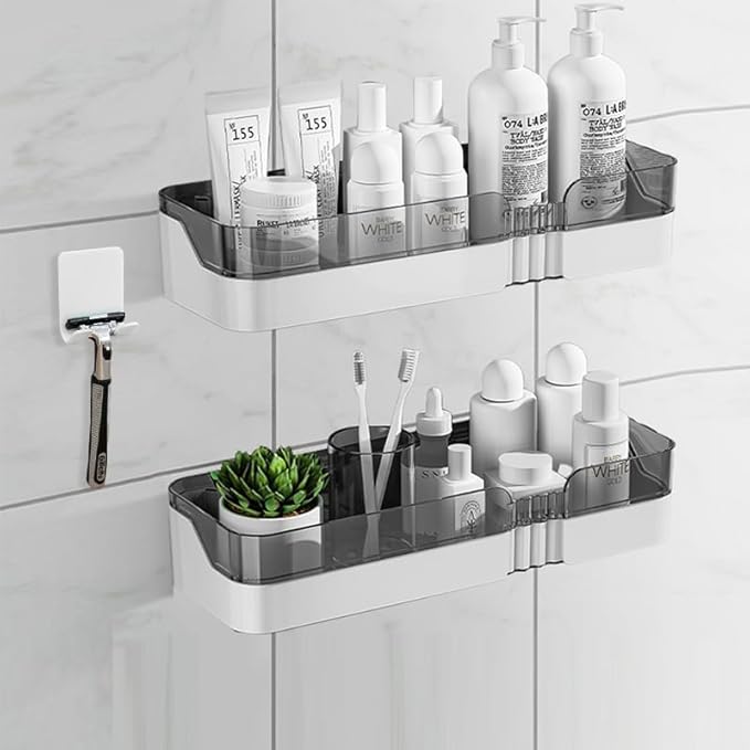 Aukomer Shower Caddy Bathroom Shower Shelves 2 Pcs: Adhesive Shower Organizer with Hook, No Drilling Dual-Layer Bathroom Wall Organizer, Upgraded Kitchen Storage Rustproof Storage Rack for Bathroom