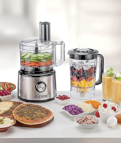 BLACK+DECKER 5-in-1 Food Processor, 750W Power, 2L Processing Bowl, 1.8L Blender Jar with Stainless Steel Blades, 34 Functions for Chopping, Slicing, Shredding, Compact Design, Black - FX775-B5