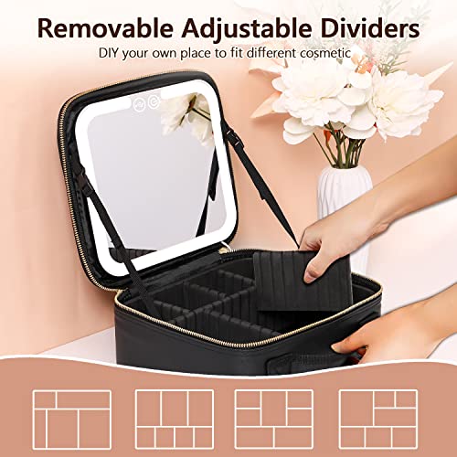 VANMRIOR Travel Makeup Bag with LED Lighted Make up Case with Mirror 3 Color Setting Cosmetic Makeup Box Organizer Vanity Case for Women Beauty Tools Accessories Case Rechargeable, Black, Travel