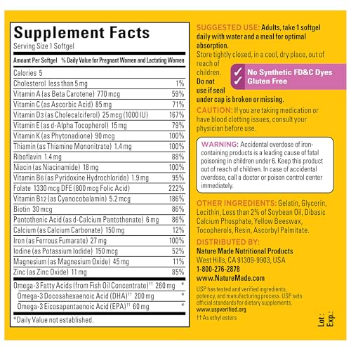 Nature Made Prenatal with Folic Acid + DHA, Dietary Supplement for Daily Nutritional Support, 110 Softgels, 110 Day Supply