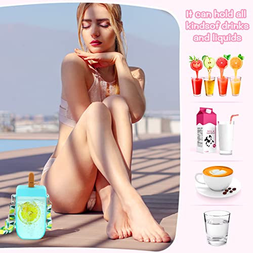 2 Pieces Ice Cream Bar Water Bottles with Straws 300ml Kids Water Juice Drinking Cups Cute Leakproof Kawaii Ice Cream Water Bottle with Adjustable Shoulder Strap for Kids Adult Sports (Blue, Pink)