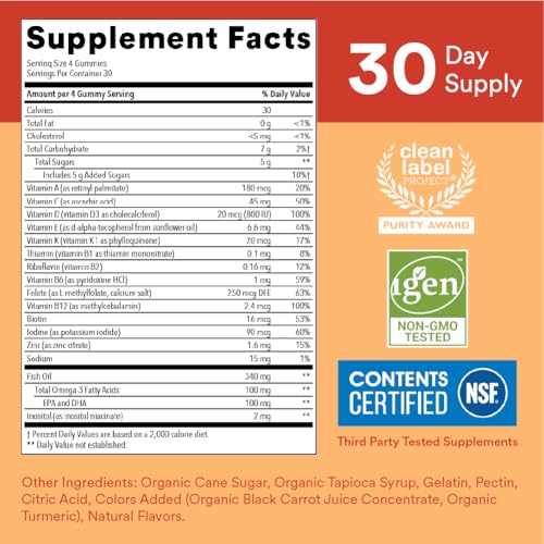 SmartyPants Kids Formula Daily Gummy Multivitamin: Vitamin C, D3, and Zinc for Immunity, Gluten Free, Omega 3 Fish Oil (DHA/EPA), Vitamin B6, B12, 120 Count (30 Day Supply)