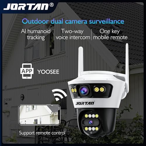 JORTAN 6MP 2-in-1 Dual Camera Smart Wifi Security Camera 12V/2A HD Outdoor PTZ Cam Horizontal and Up Down Rotation with Person/Vehicle Detection & Color Night Vision & Spotlight Siren & Two Way Audio