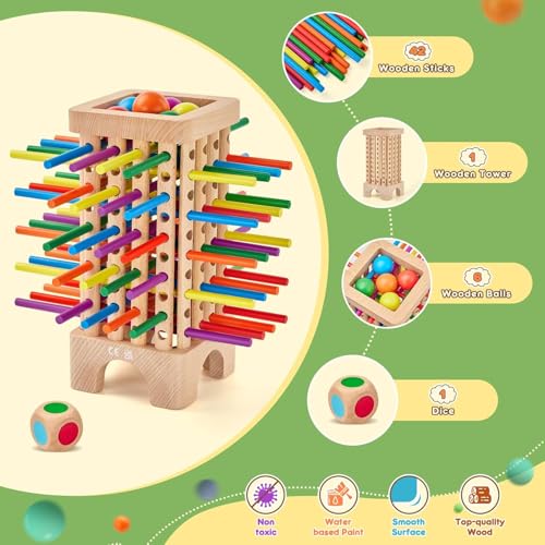 TOYBY Wooden Board Game Montessori Toys, 42 Colourful Sticks Dice Game Math Educational Toy, Family Fun Ball Dropping Game, 1 to 6 Players Fine Motor Skills Travel Games for 3 4 5 6 Years Old Boy Girl