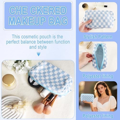 ZLFSRQ 3Pcs Checkered Makeup Bag for Women Large Cosmetic Bag Set Travel Toiletry Bag Makeup Pouch Bag for Purse Pink Zipper Storage Bag Organizer Cute Small Aesthetic Girls Car Essentials Bag