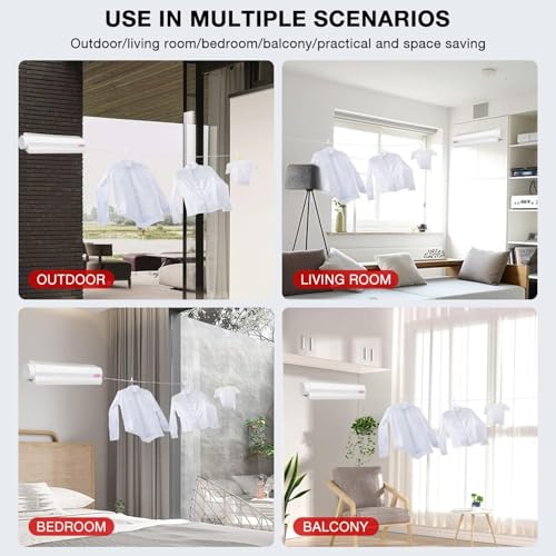 Joyzzz Telescopic Clothesline, Adjustable Length Automatic Telescopic Clothesline, White Plastic Clothes Drying Rope, 5 Line Easy Installation Wall Mounted Clothes Hanging Line