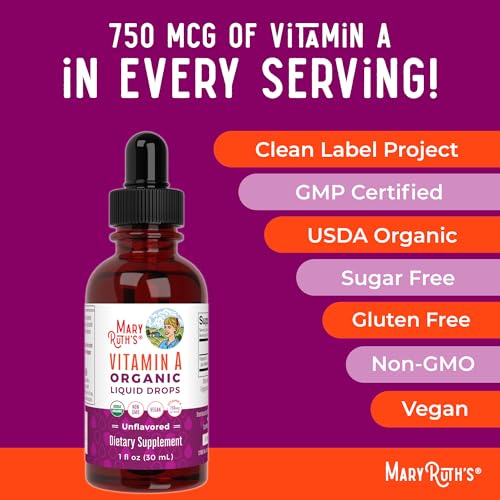 MaryRuth Organics USDA Vitamin A Liquid Drops | 3 Month Supply | Immune Support, Eye Health, Skin Health for Ages 14+ | 750mcg per Serving | Sugar Free | Vegan | Non-GMO | Gluten Free | 1oz