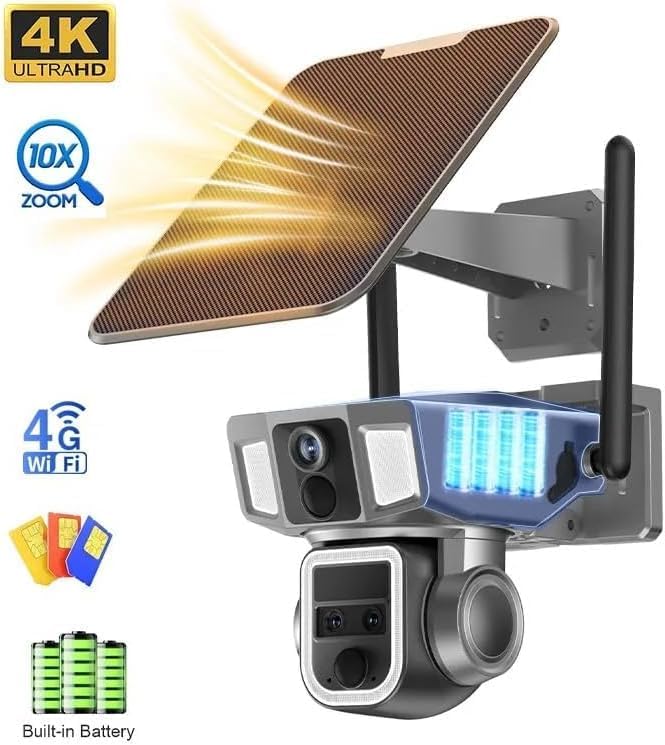 4G and WIFI Solar Security Cameras Wireless Outdoor, 4K 8MP 4G and WIFI Dual Lens Solar Camera, Full Color Night Vision Home Security Camera, 2 Way Talk, Humanoid Tracking