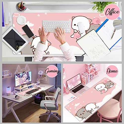 Amrgik Pink Cat XXL Kawaii Gaming Mouse Pad Animal Theme 35x15.7x0.12 inch Women Large Mouse Pad for Desk with Personalized Design for Laptop, Computer PC