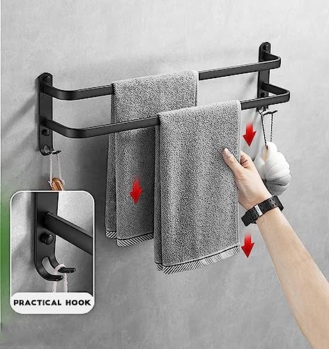 Fohome Towel Bar, Self-Adhesive Towel Rack with Hooks, 2 Rod Towel Holder for Bathroom, 16 Inch Wall Mounted Towel Hanger for Bathroom, Kitchen, Shower (Black)