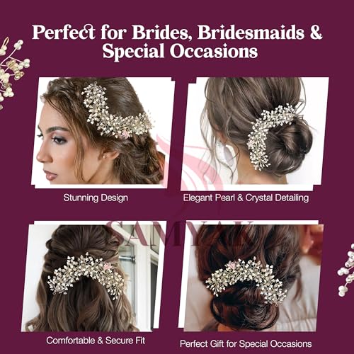 Samyak Crystal Pearl Hair Tiara Vine Hair Headband Headdress Hair Jewellery For Women | Hair Pin | Bun | Hair Accessory For Bridal Wedding Bridesmaid, Pink, Pack of 1