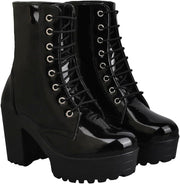Women & Girls Lace Up Block Heeled Western Boots/Boot-07/Black/UK4-EU37