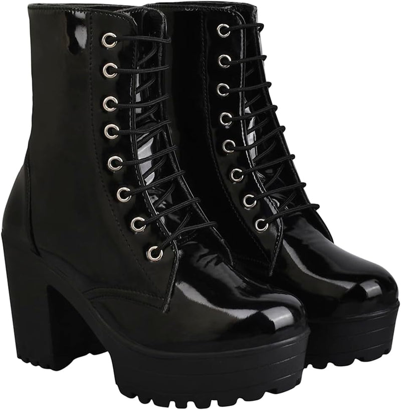 Women & Girls Lace Up Block Heeled Western Boots/Boot-07/Black/UK4-EU37