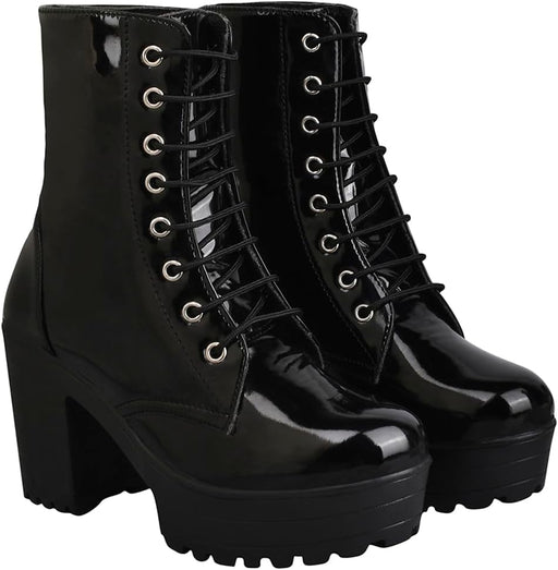 Women & Girls Lace Up Block Heeled Western Boots/Boot-07/Black/UK6-EU39