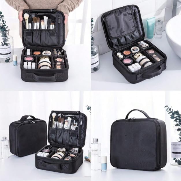 Portable Travel Makeup Bag | Adjustable Cosmetic Case Organizer for Brushes, Toiletries, Jewelry & Accessories – Black