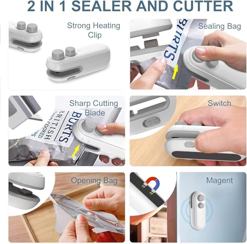 MOMENT Mini Bag Sealer, Heat Bag Sealer with Cutter for Chips Snacks, Type C Rechargeable Handheld Bag Resealer Portable Plastic Sealer Heat Seal Vacuum Automatic Sealing Machine Random Color