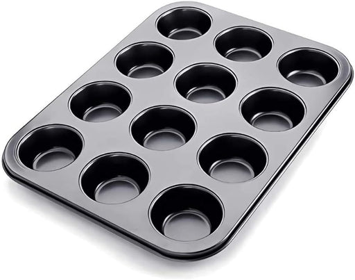 Showay Non-Stick Carbon Steel Muffin Pans - Pair Of Cupcake Cookie Sheet Pan Style For Baking, Muffin Pans W/ 12 Cups Cupcake Baking Tray (Black)