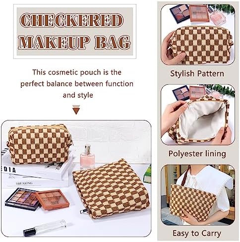 ZLFSRQ 3Pcs Checkered Makeup Bag for Women Large Cosmetic Bag Set Travel Toiletry Bag Makeup Pouch Bag for Purse Pink Zipper Storage Bag Organizer Cute Small Aesthetic Girls Car Essentials Bag