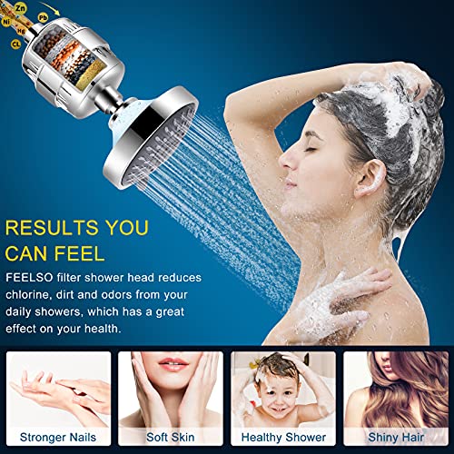 FEELSO Shower Head and 15 Stage Shower Filter Combo, High Pressure 5 Spray Settings Filtered Showerhead with Water Softener Filter Cartridge for Hard Water Remove Chlorine and Harmful Substances