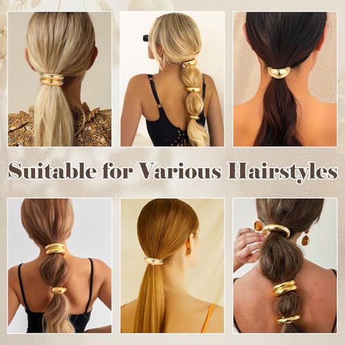 papasgix 3 Metal Hair Ties, Ponytail Cuffs - Gold & Silver Hair Accessories for Women (Gold Set 01)