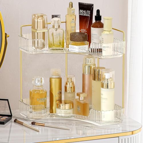 Angju 2-Tier Corner Bathroom Counter Organizer, Bathroom Countertop Perfume Tray and Vanity Organizer, Makeup Cosmetic Storage, Corner Storage Organizers for Bathroom,Dresser,Kitchen (White)