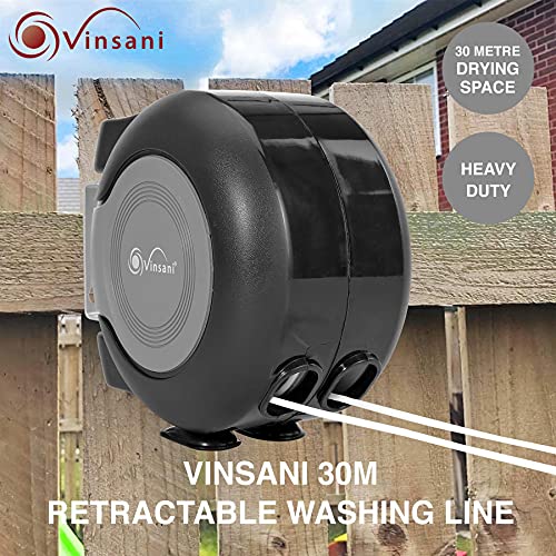 Vinsani 30 metre Retractable Reel Clothes Lines Washing Line with Twin Cable - Wall Mounted Heavy Duty Clothes Dryer 2 x 15m Lines of Drying Space Outdoor, Black