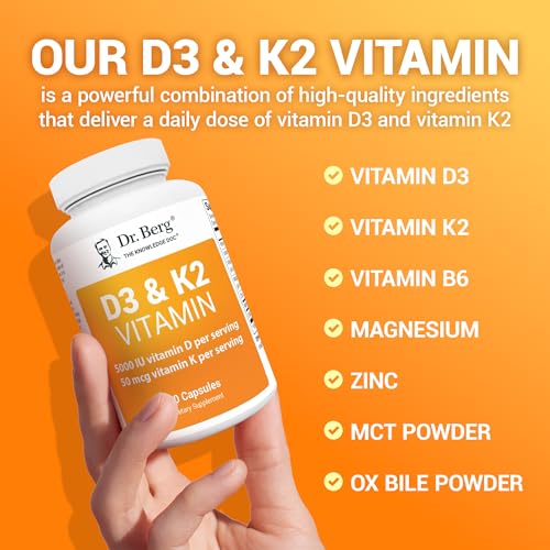 Dr. Berg D3 K2 Vitamin 5000 IU w/MCT Powder - Includes 50 mcg MK7 Vitamin K2, Purified Bile Salts, Zinc & Magnesium for Ultimate Absorption - K2 D3 Vitamin Supplement - 60 Capsules