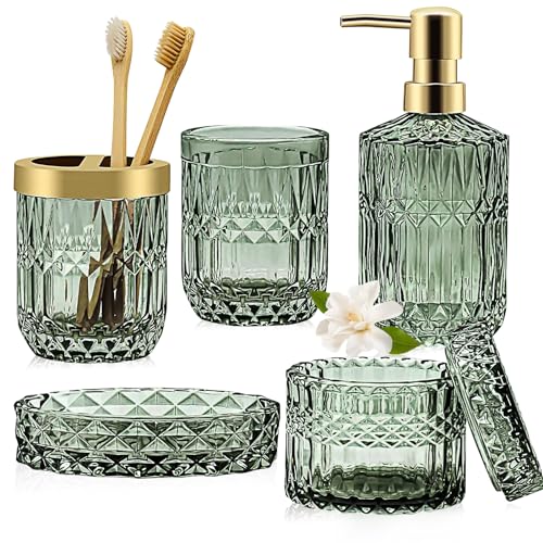 Topsky Green Bathroom Accessory Set, Glass Bathroom Decor Countertop Organizer,5Pcs Bathroom Accessories with Lotion Dispenser(Cylindrical), Soap Dish, Toothbrush Holder, Tumbler, Cotton Swab Jars
