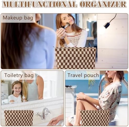 ZLFSRQ 3Pcs Checkered Makeup Bag for Women Large Cosmetic Bag Set Travel Toiletry Bag Makeup Pouch Bag for Purse Pink Zipper Storage Bag Organizer Cute Small Aesthetic Girls Car Essentials Bag