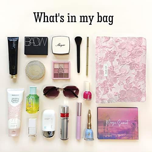 STARDW Flower Cosmetic Bags Makeup Bags for Women and Girls,Travel Makeup Bag Large Capacity Canvas Makeup Bag,Makeup Organizer Bag Zipper Pouch, Embossed pink, Large Capacity Aesthetic Makeup Bags