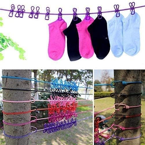 Wiikon Cloth Drying Rope with Two Sided Hooks, Elastic 12 Clips Cloth Hanging Rope Non-Slip Clotheslines for Outdoor Indoor Travel Laundry Drying Hanging Clothes (Pack of 2)