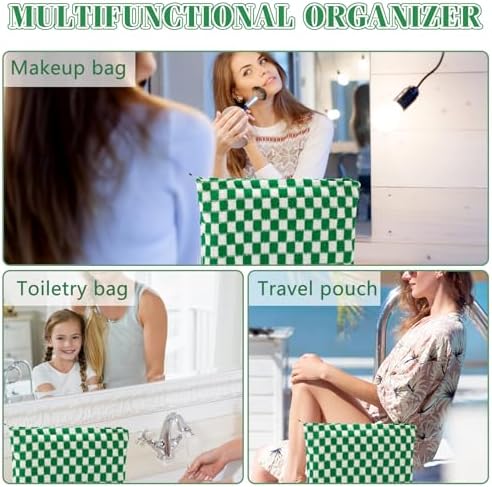 ZLFSRQ 3Pcs Checkered Makeup Bag for Women Large Cosmetic Bag Set Travel Toiletry Bag Makeup Pouch Bag for Purse Pink Zipper Storage Bag Organizer Cute Small Aesthetic Girls Car Essentials Bag