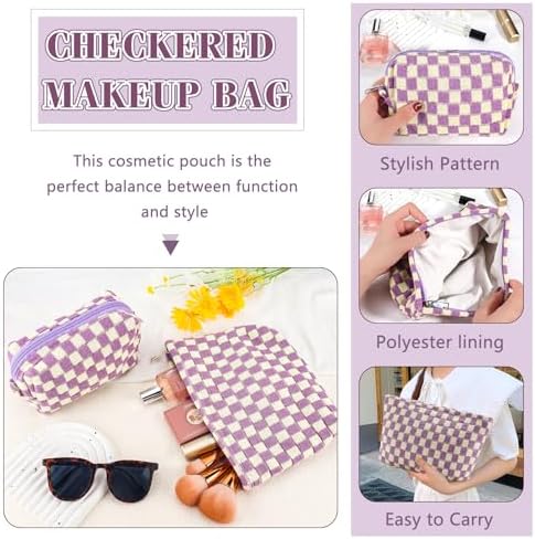 ZLFSRQ 3Pcs Checkered Makeup Bag for Women Large Cosmetic Bag Set Travel Toiletry Bag Makeup Pouch Bag for Purse Pink Zipper Storage Bag Organizer Cute Small Aesthetic Girls Car Essentials Bag