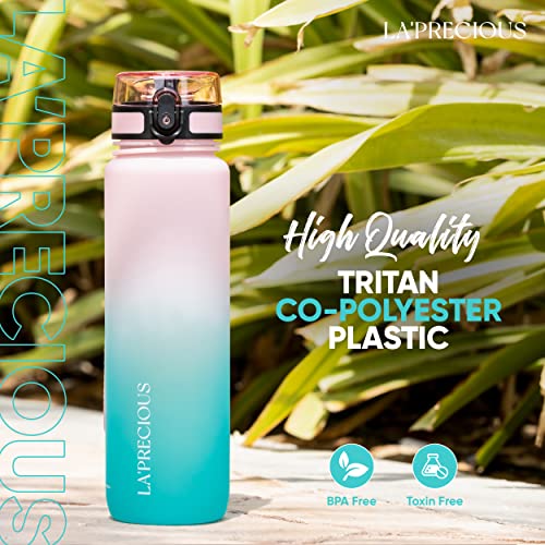 LA' PRECIOUS Water Bottle for Adults,1 liter-USA Tritan Material, Non-Toxic BPA Free, Fast Flow, Flip Top Leak Proof Lid. (Pink/Green)