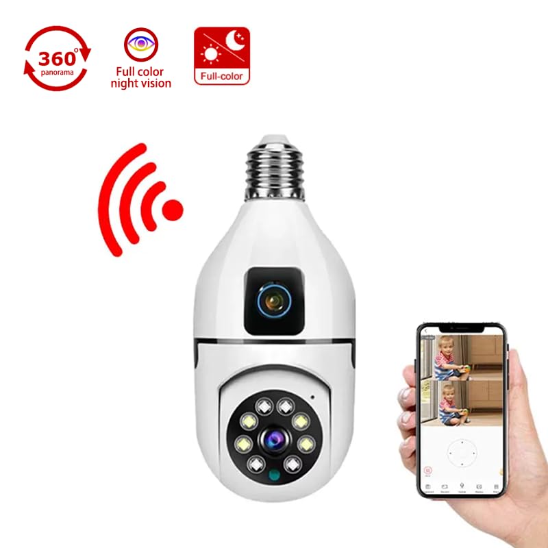 Dual WIFI Light Bulb Security Camera - 360° WiFi CCTV Camera for Home - 1440P HD Night Vision, Motion Detection-Two-Way Audio, Auto-Tracking - Light Socket Security Camera - Easy Setup & Remote View