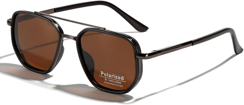 LIGOES TR90 Polarised Sunglasses Retro Square Flattop Sunglasses Double Bridge Full Frame UV400 Lens Glasses